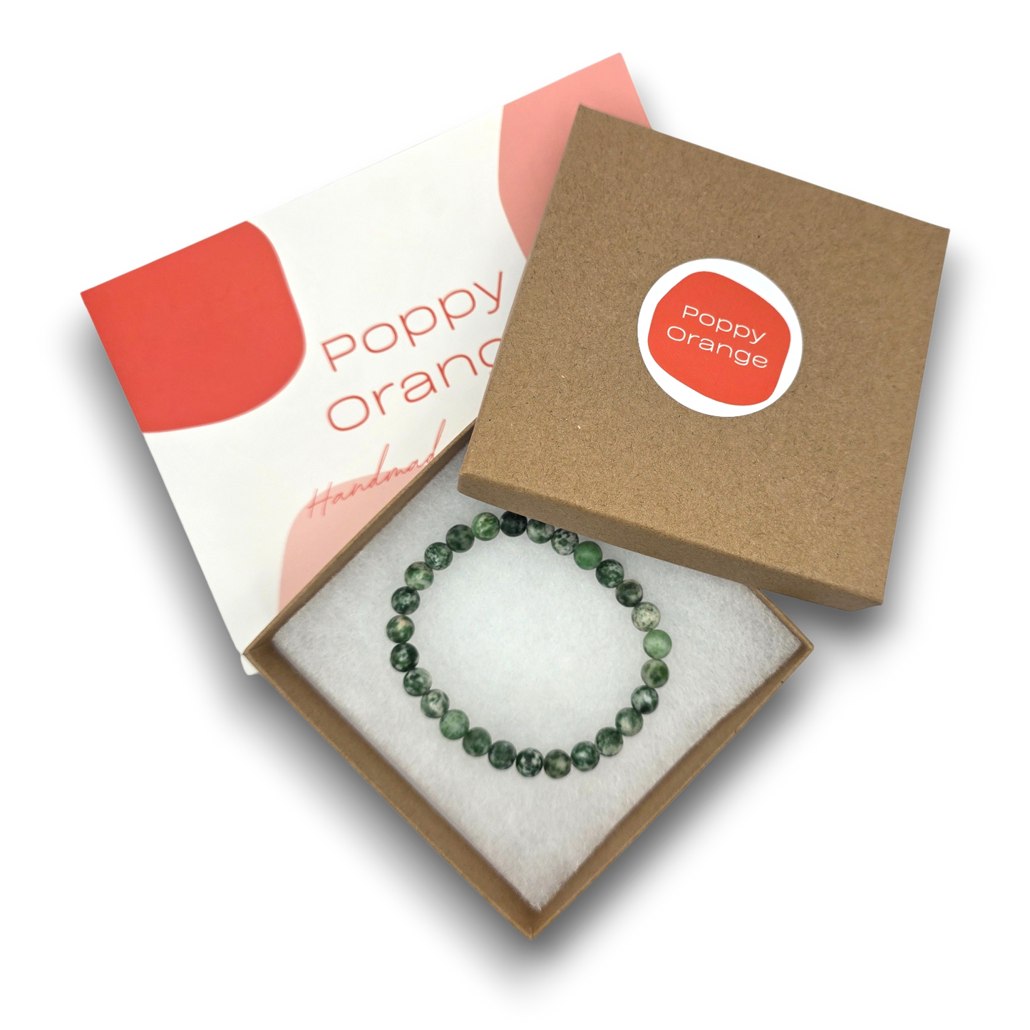 A green beaded bracelet displayed inside an open kraft gift box with a white insert, alongside the branded lid and outer card. The box is branded 'Poppy Orange'.