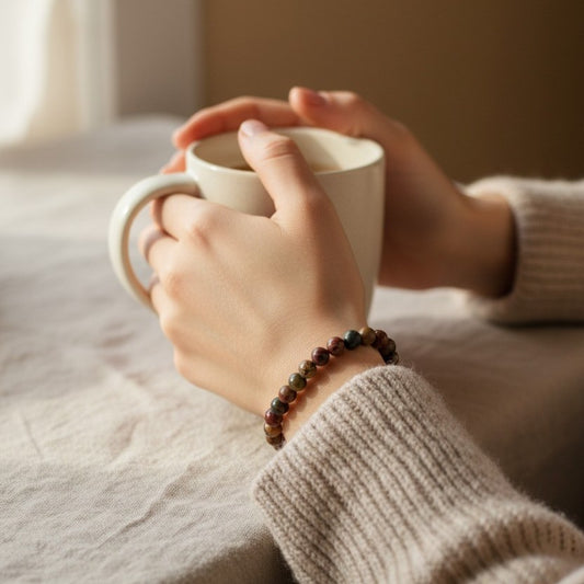 Model wearing handmade natural Red Creek Jasper beaded bracelet, 6mm beads holding a cup of coffee