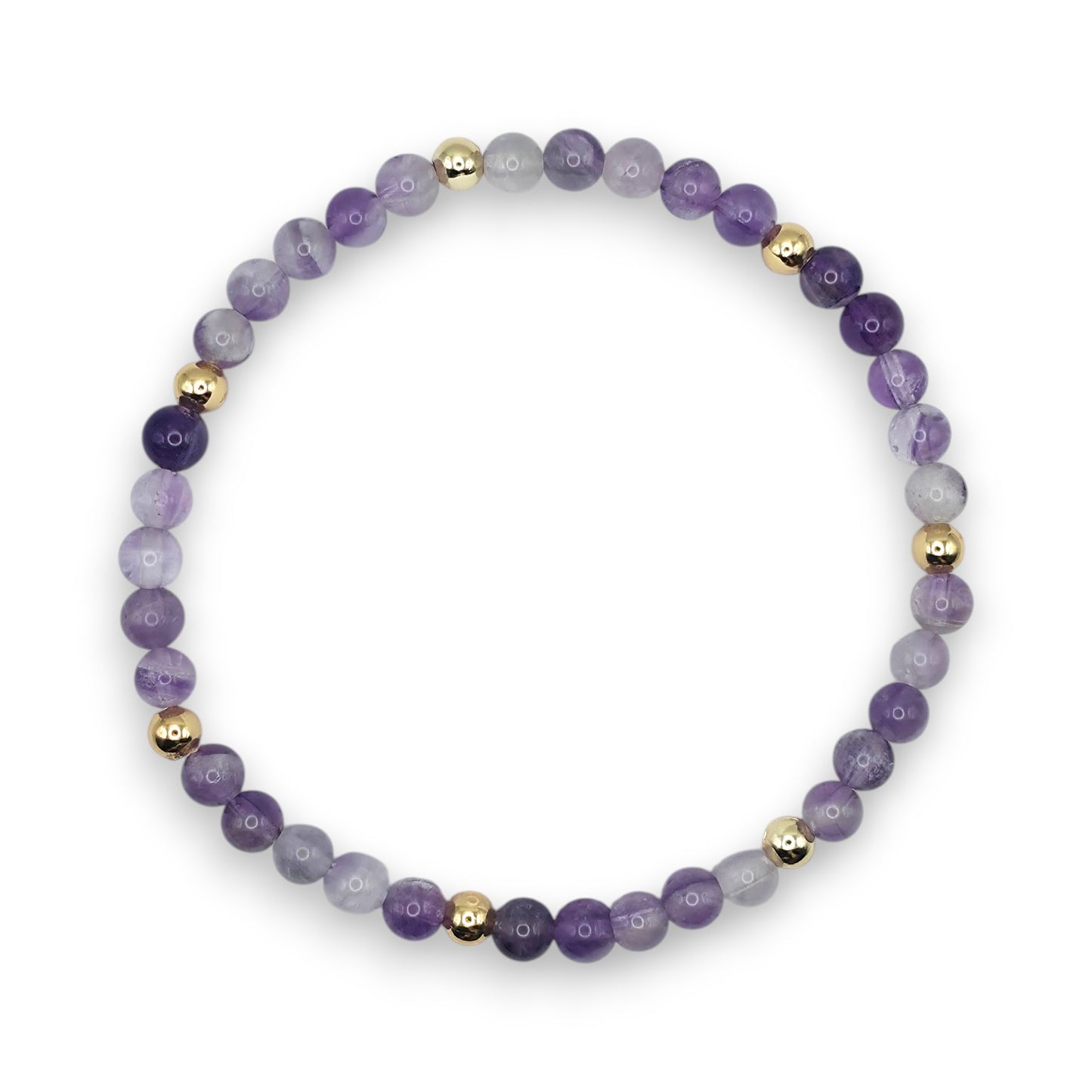 Handmade natural Amethyst beaded bracelet with gold accent beads, 4mm beads on a white background.