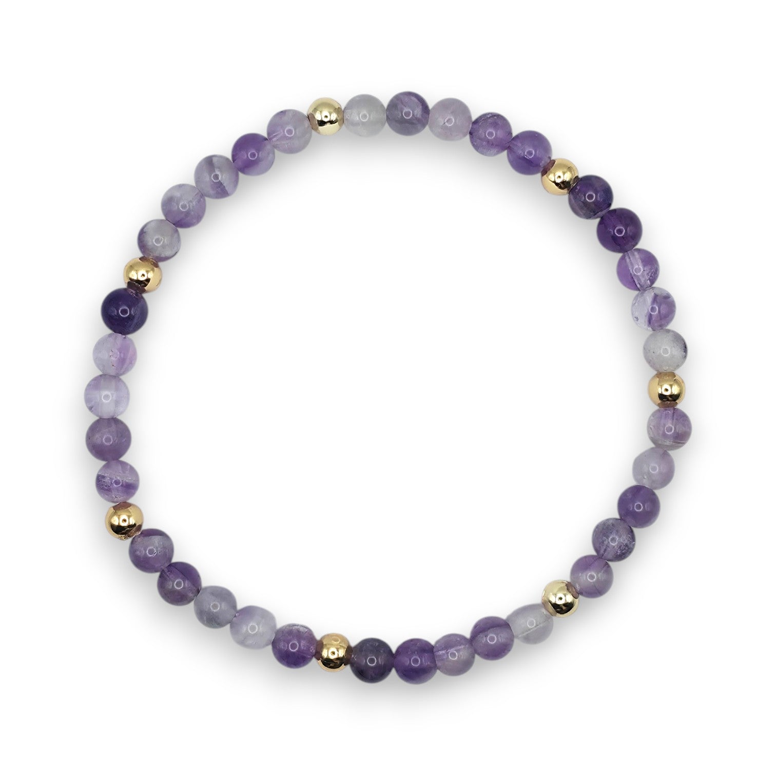 Handmade natural Amethyst beaded bracelet with gold accent beads, 4mm beads on a white background.