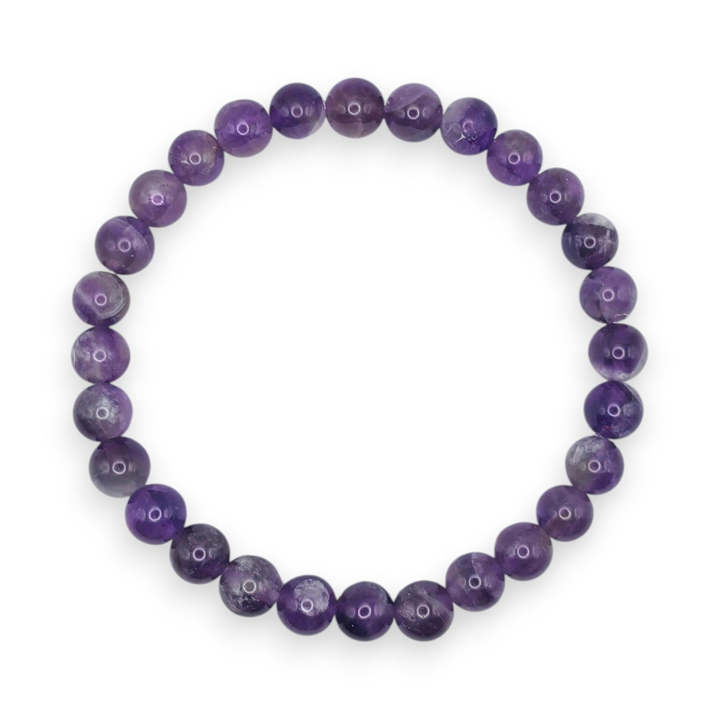 Handmade natural Amethyst beaded bracelet, 6mm beads on a white background.