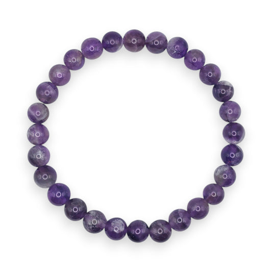 Handmade natural Amethyst beaded bracelet, 6mm beads on a white background.