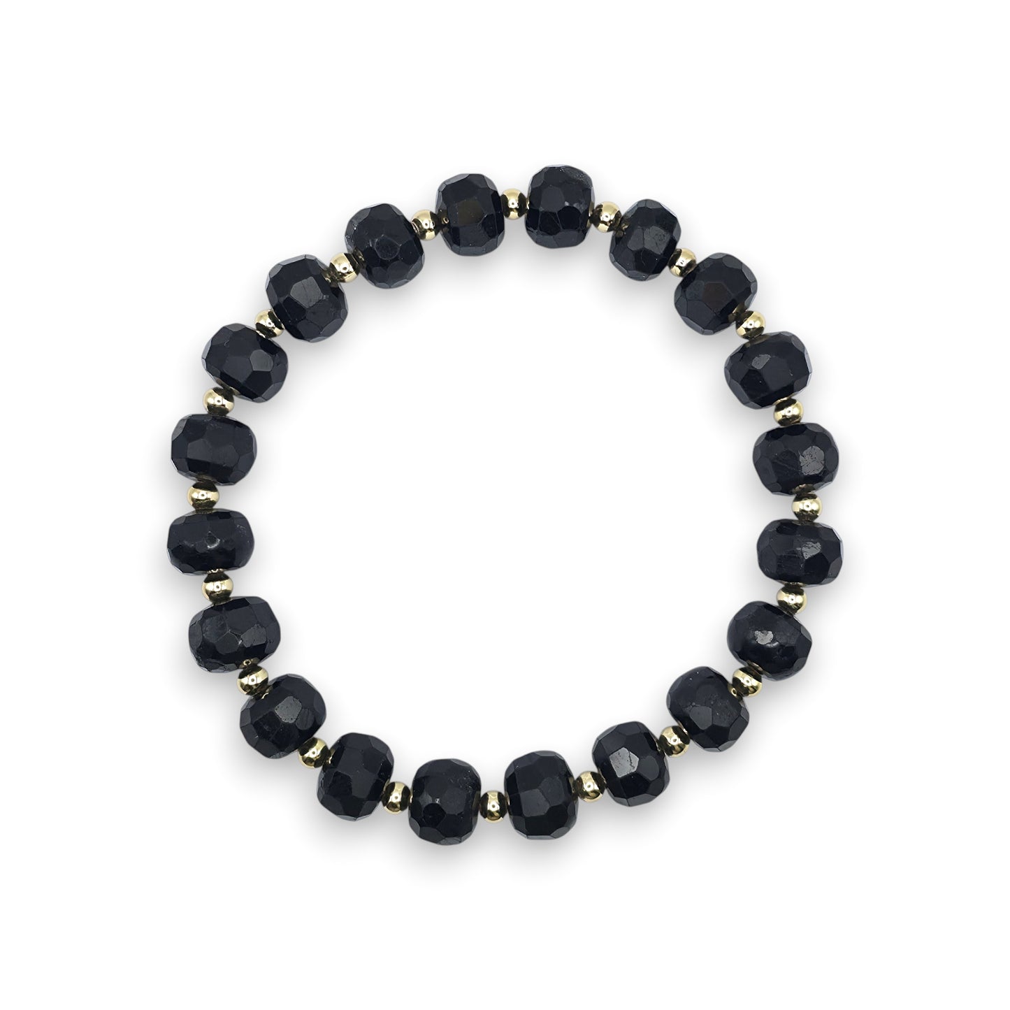A beaded stretch bracelet featuring faceted Black Tourmaline beads separated by small gold spacer beads, shown against a plain white background.
