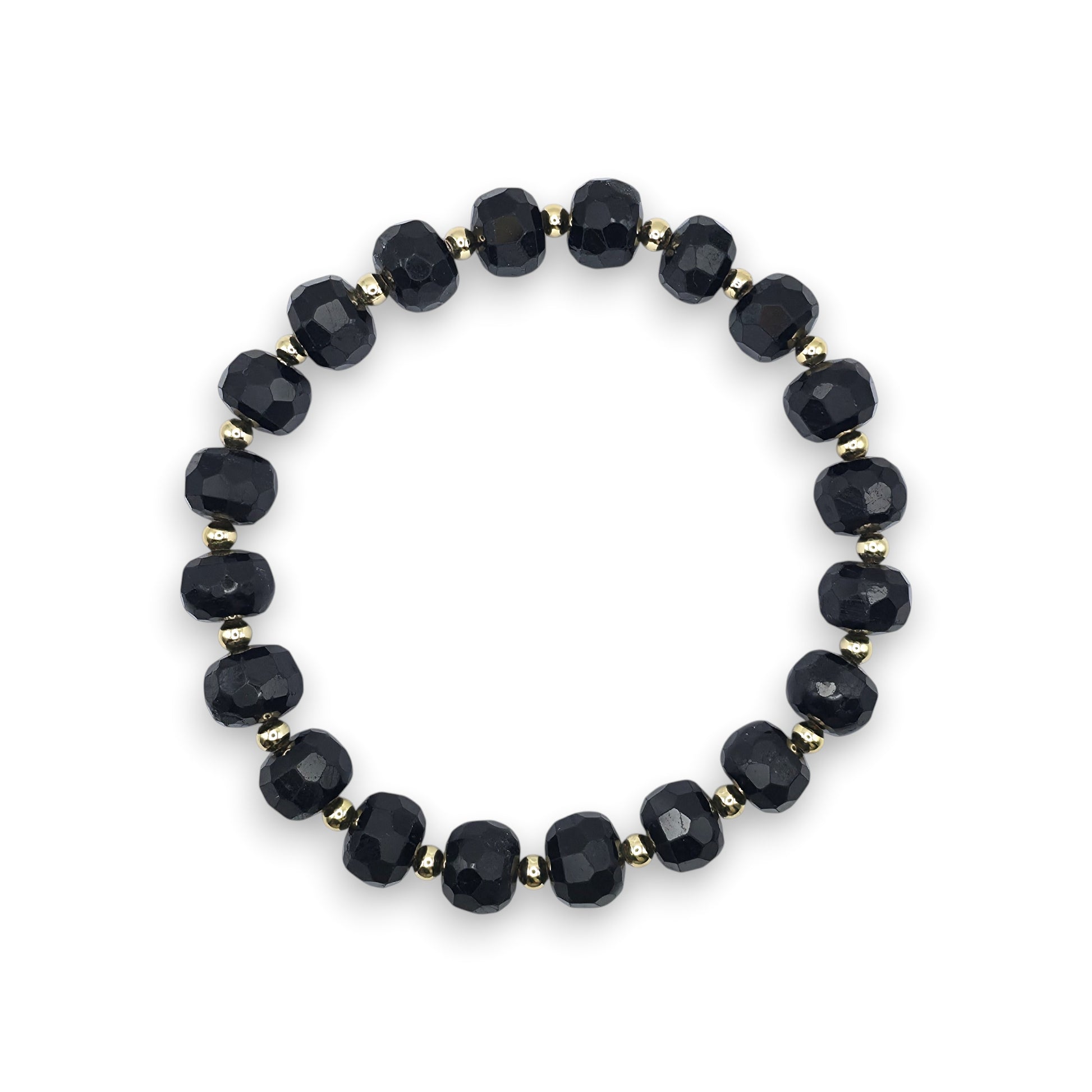 A beaded stretch bracelet featuring faceted Black Tourmaline beads separated by small gold spacer beads, shown against a plain white background.