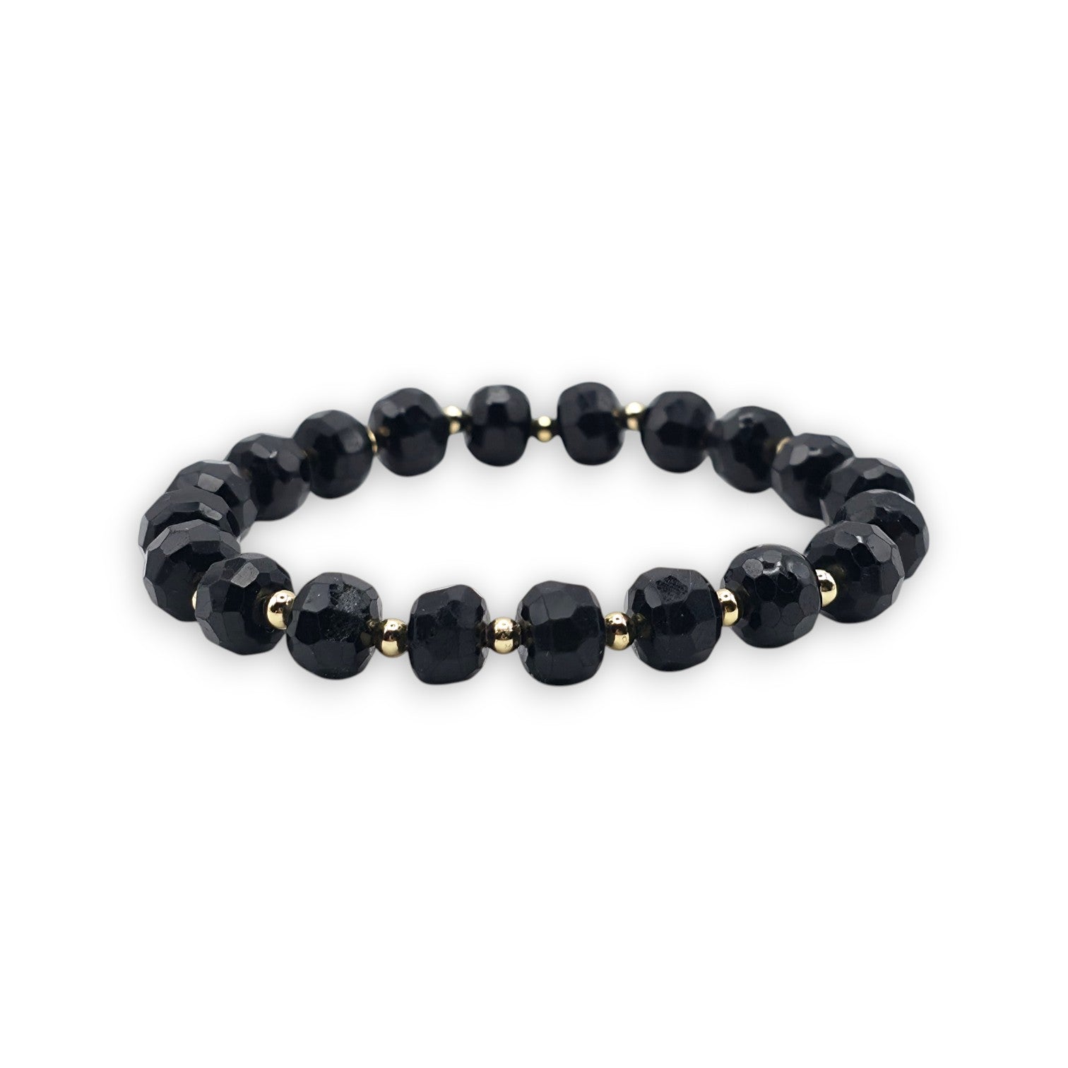 A beaded stretch bracelet featuring faceted Black Tourmaline beads separated by small gold spacer beads, shown against a plain white background.