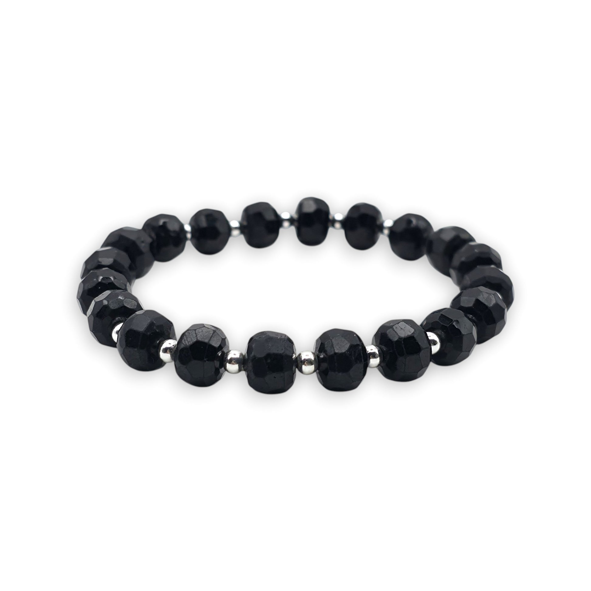 A beaded stretch bracelet featuring faceted Black Tourmaline beads separated by small silver spacer beads, shown against a plain white background.