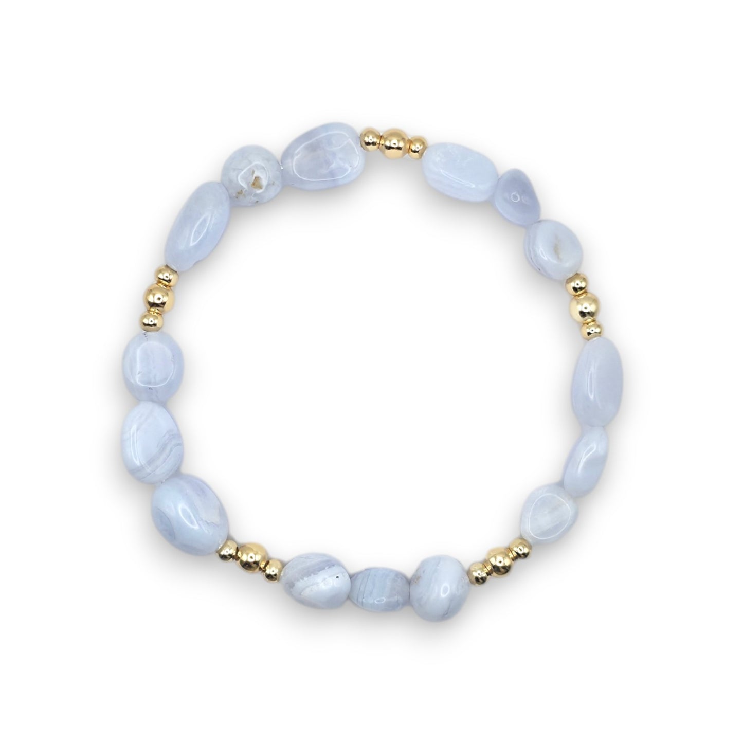 A beaded stretch bracelet featuring Blue Lace Agate nugget beads and small gold spacer beads, displayed on a clean white background.
