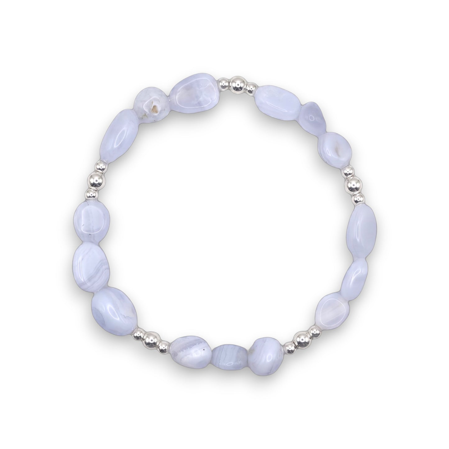 A beaded stretch bracelet featuring Blue Lace Agate beads and small metallic silver spacer beads, displayed on a clean white background.