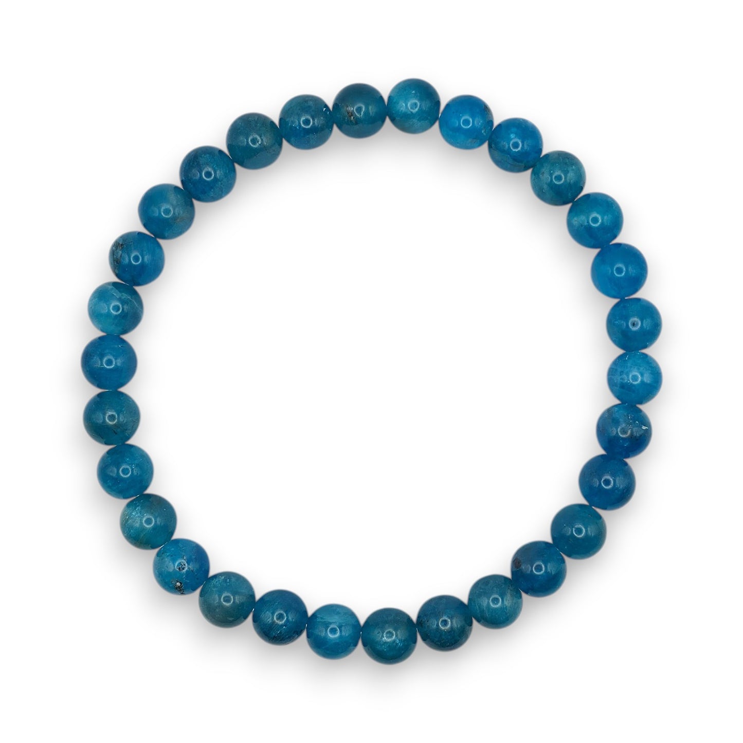Handmade natural Blue Apatite beaded bracelet, 6mm beads on a white background.