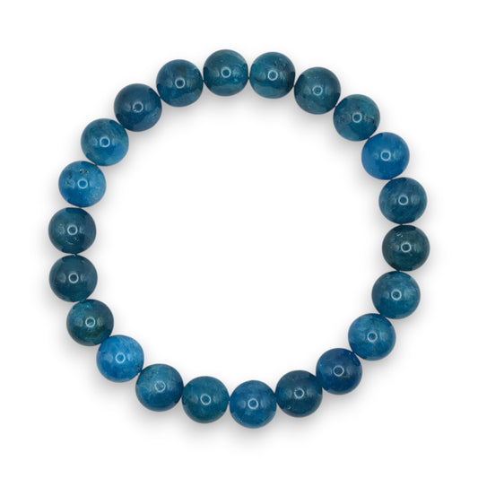 Handmade natural Blue Apatite beaded bracelet, 8mm beads on a white background.