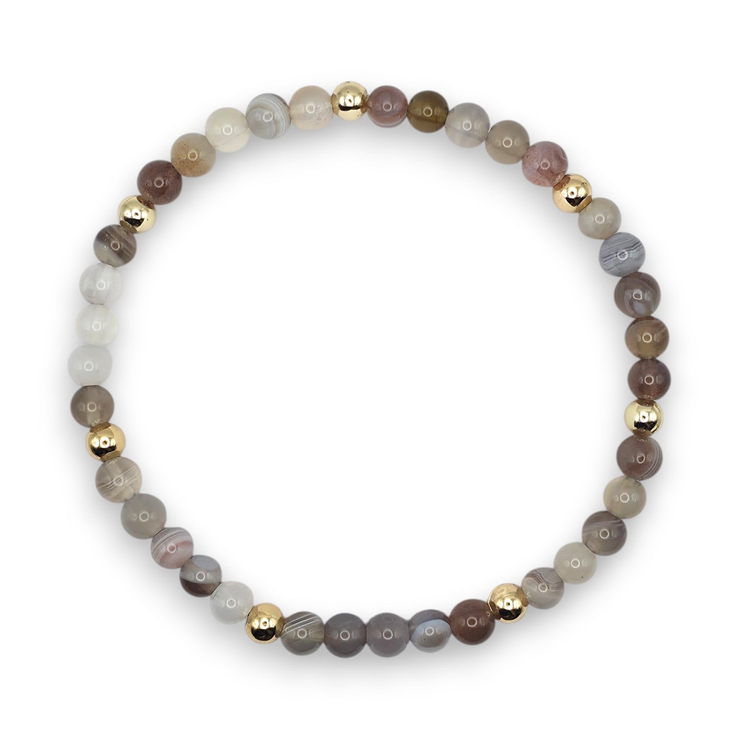 Handmade natural Botswana Agate beaded bracelet with gold accents, 4mm beads