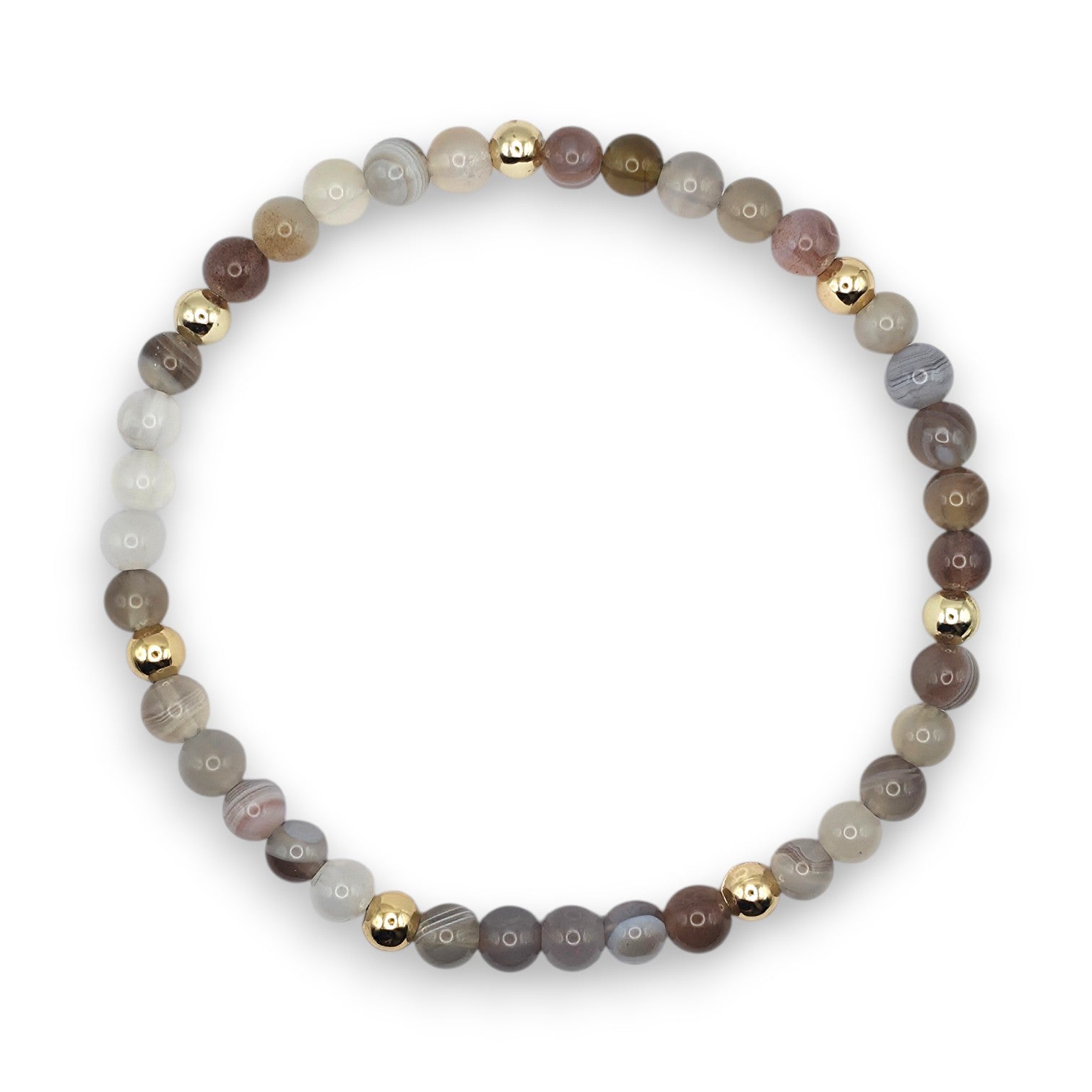 Handmade natural Botswana Agate beaded bracelet with gold accents, 4mm beads