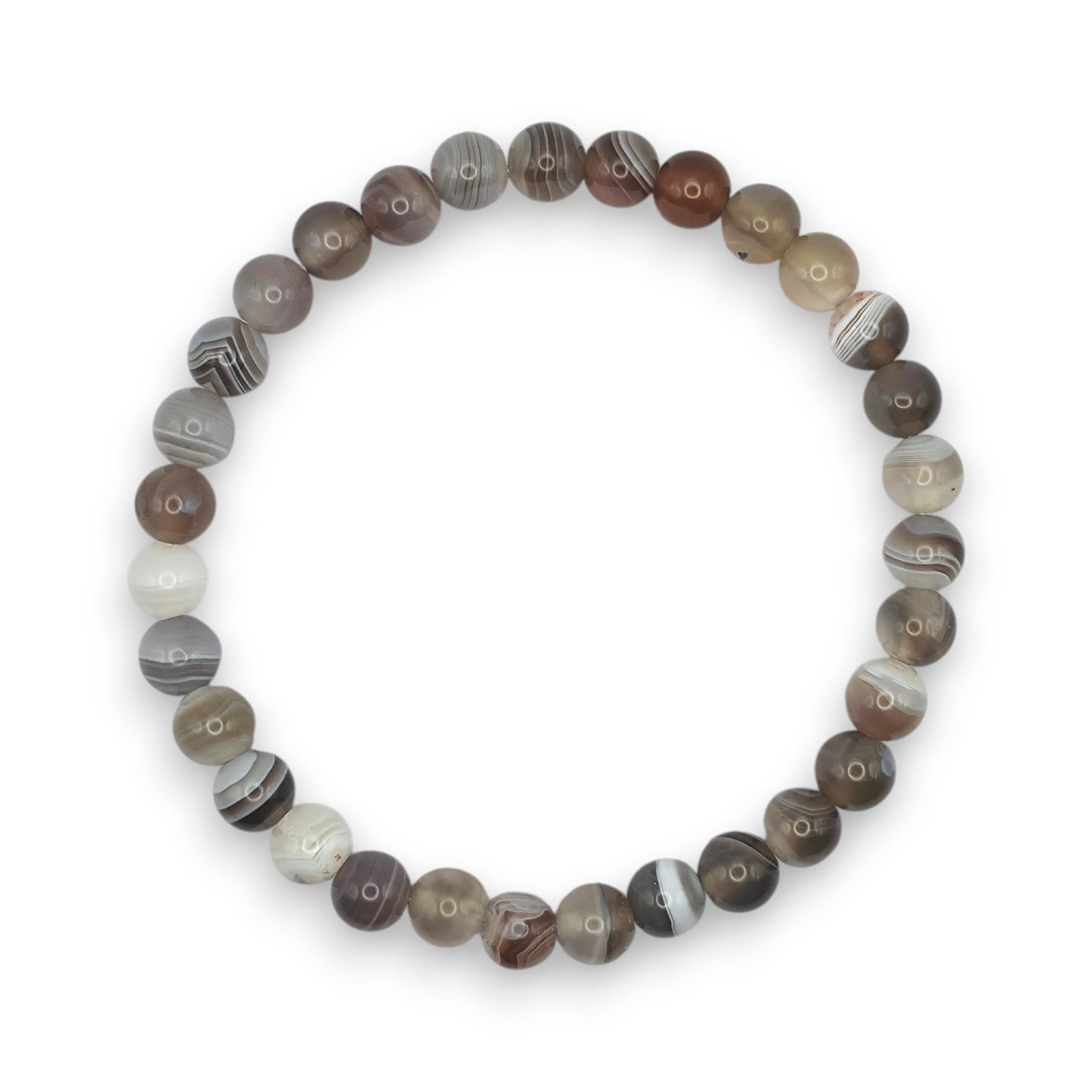 Handmade natural Botswana Agate beaded bracelet, 6mm beads on a white background.