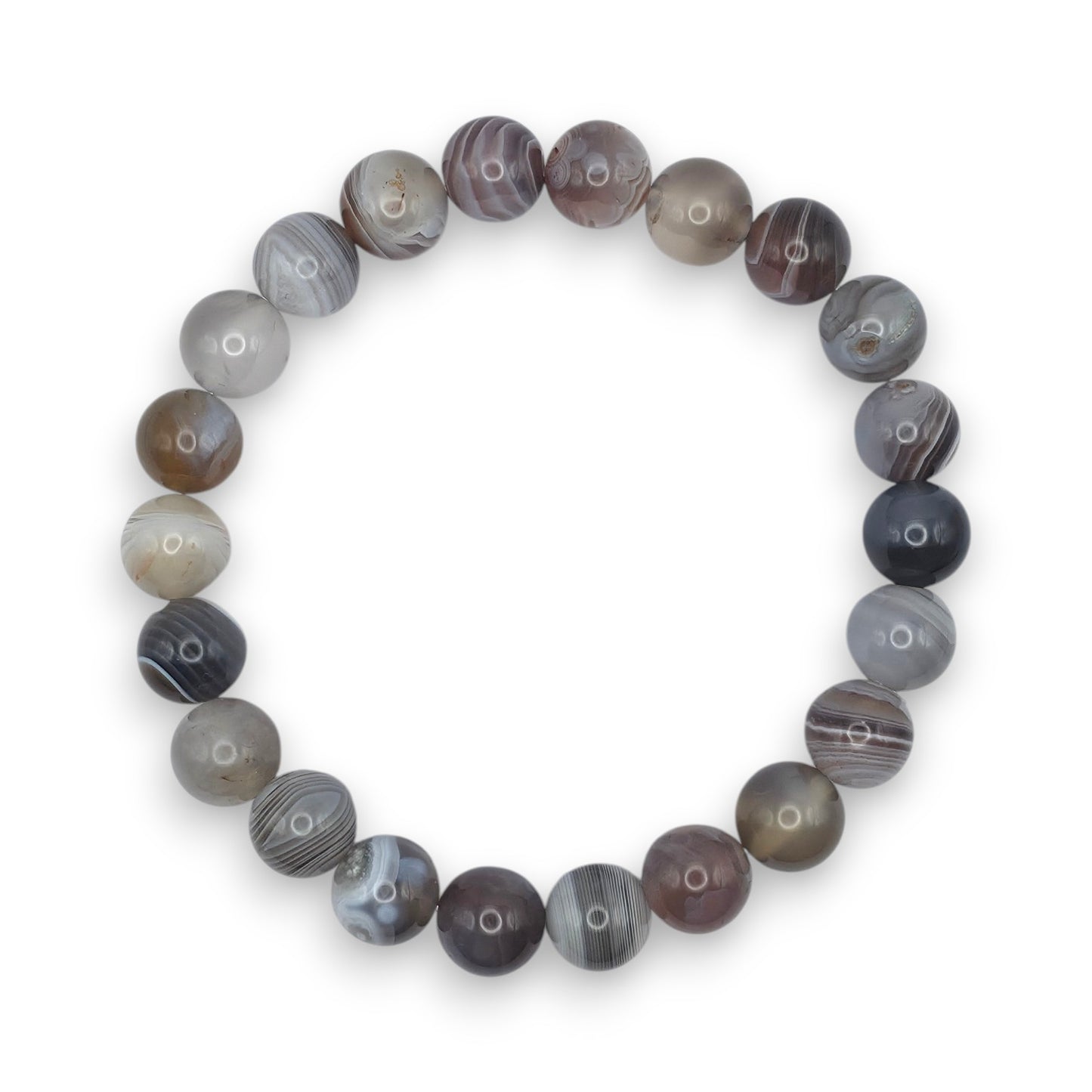 Handmade natural Botswana Agate beaded bracelet, 8mm beads on a white background.