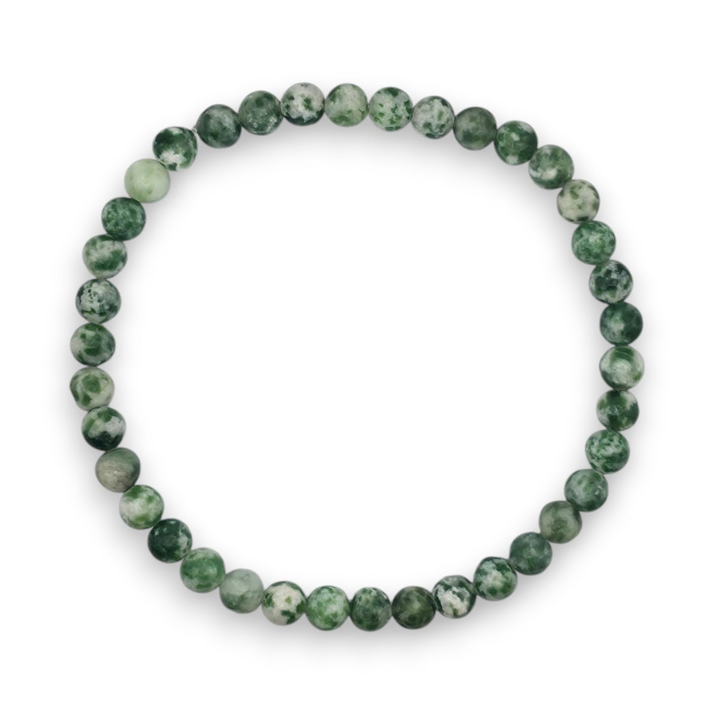 Handmade natural Green Spot Jasper beaded bracelet, 4mm beads on a white background.