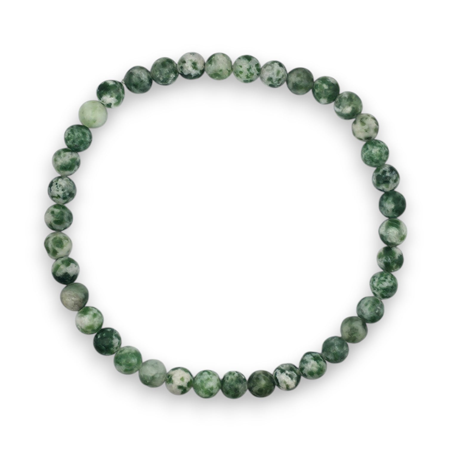 Handmade natural Green Spot Jasper beaded bracelet, 4mm beads on a white background.