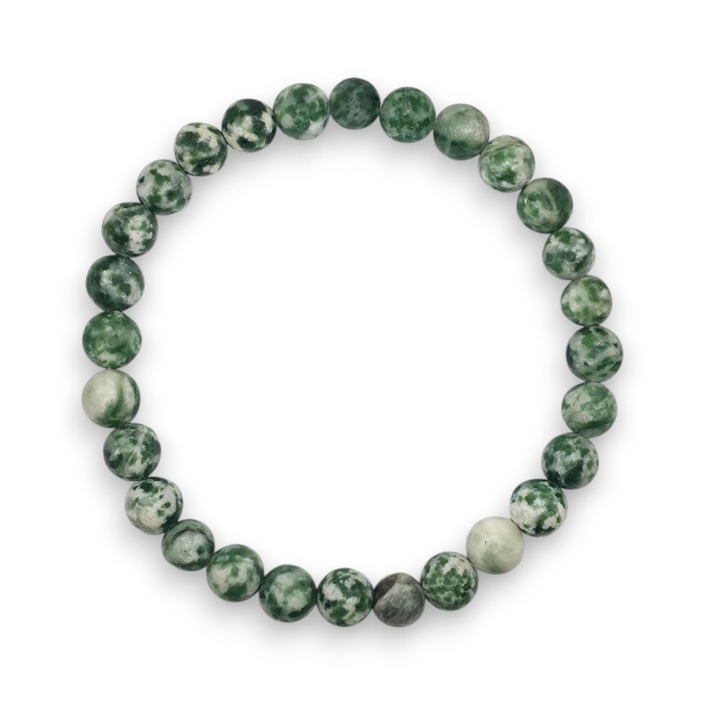 Handmade natural Green Spot Jasper beaded bracelet, 6mm beads on a white background.