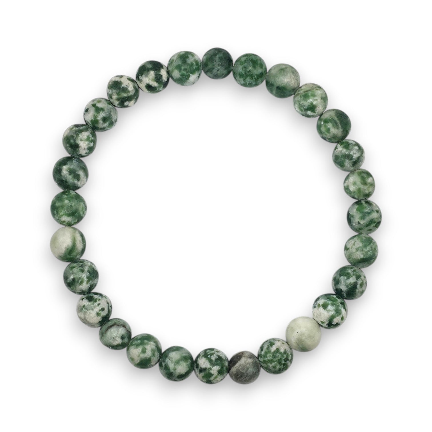 Handmade natural Green Spot Jasper beaded bracelet, 6mm beads on a white background.