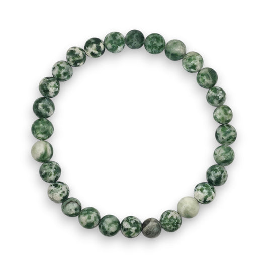 Handmade natural Green Spot Jasper beaded bracelet, 6mm beads on a white background.