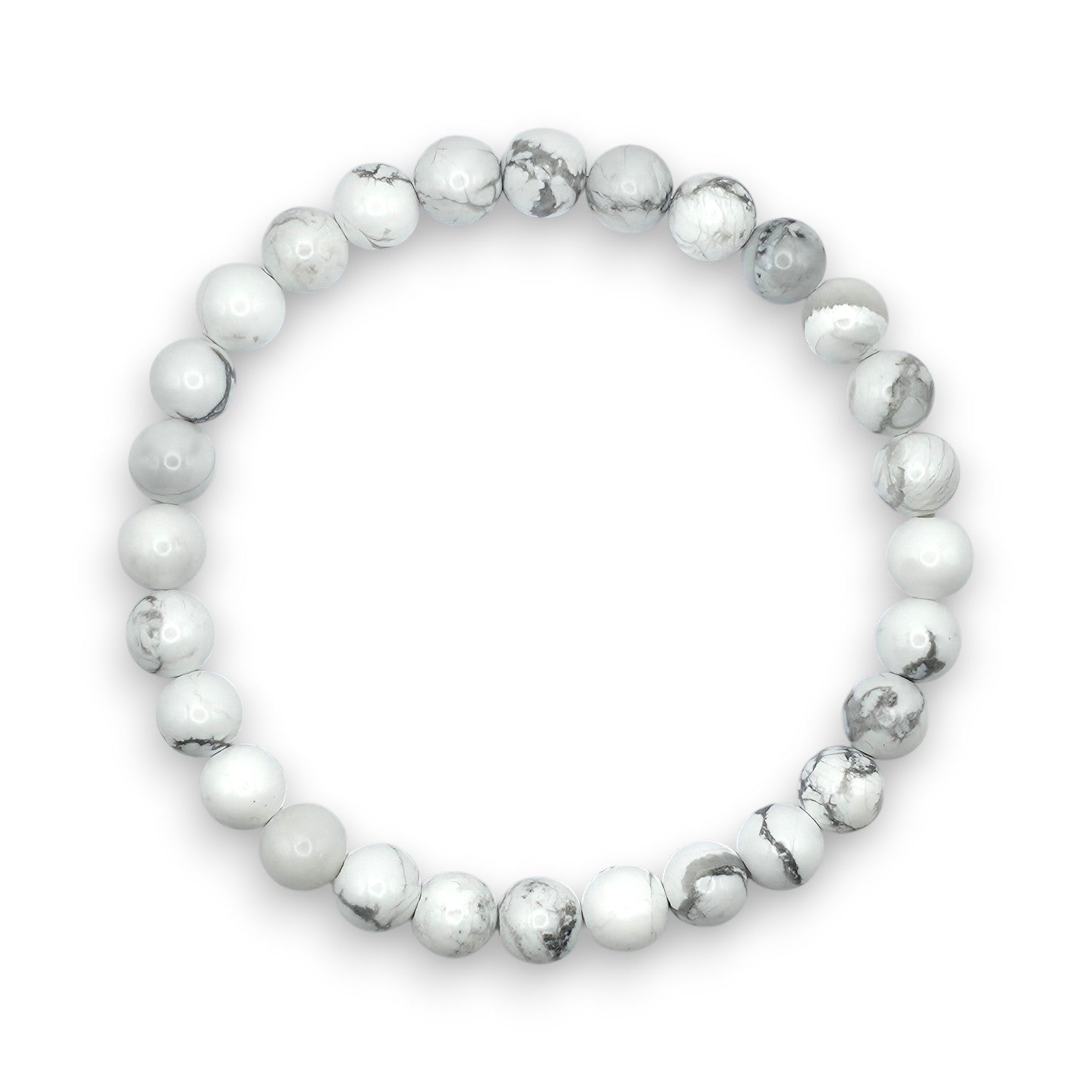 Handmade natural Howlite beaded bracelet, 6mm beads on a white background.