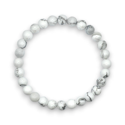 Handmade natural Howlite beaded bracelet, 6mm beads on a white background.