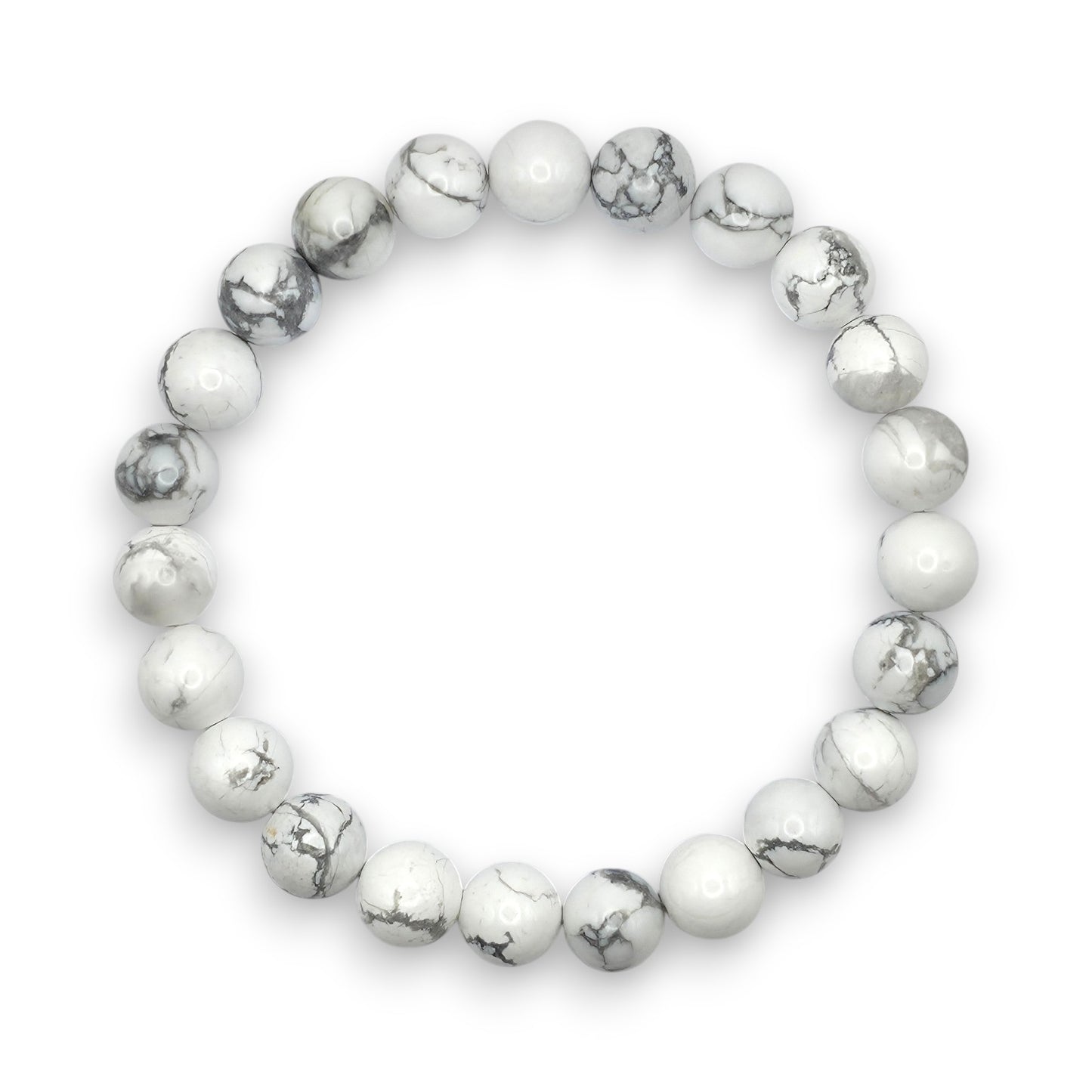 Handmade natural Howlite beaded bracelet, 8mm beads on white background.
