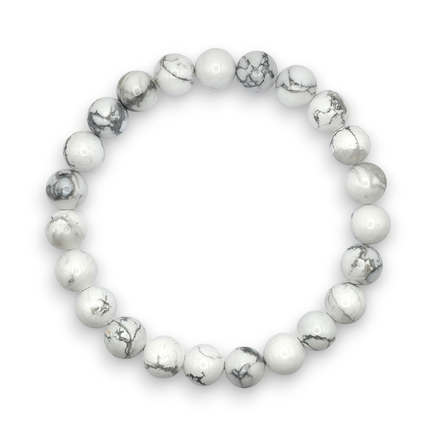Handmade natural Howlite beaded bracelet, 8mm beads on white background.