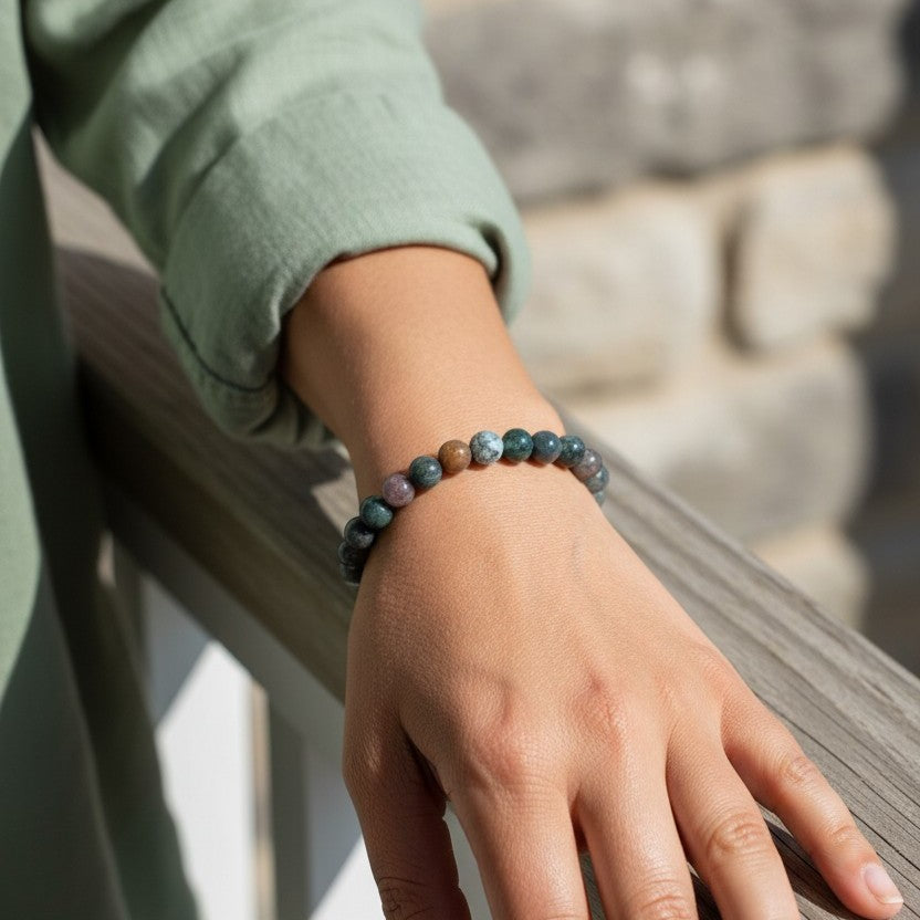 A close-up of a person's hand resting on a wooden railing, wearing a beaded bracelet made of polished stones in shades of green.