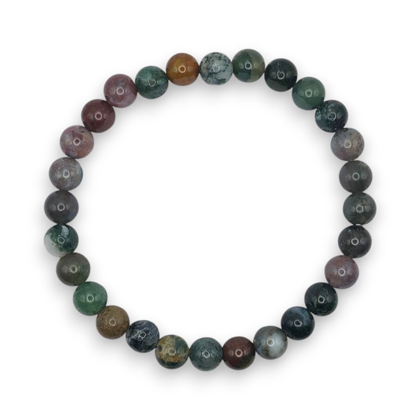 Handmade natural Indian Agate beaded bracelet, 6mm beads on a white background.