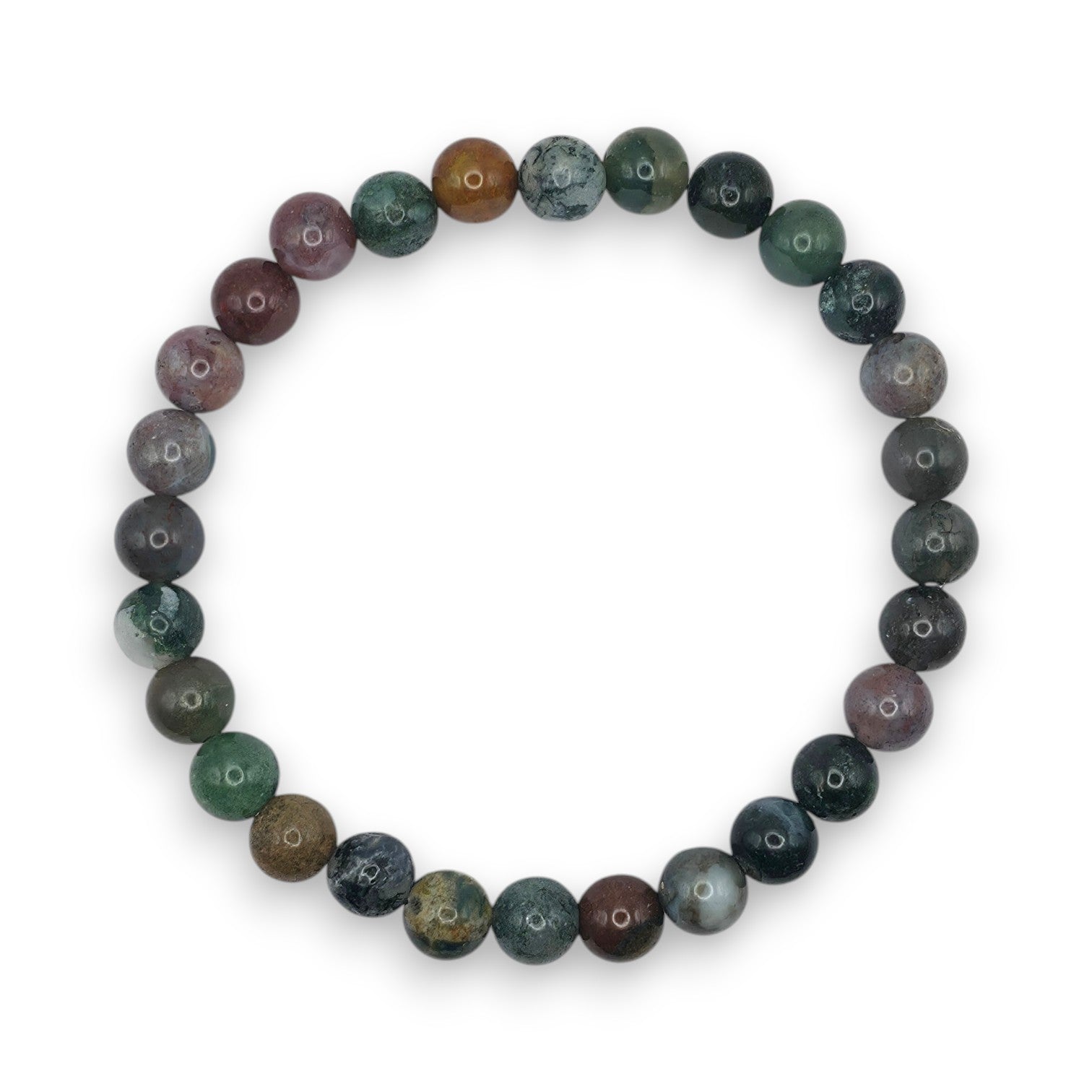 Handmade natural Indian Agate beaded bracelet, 6mm beads on a white background.