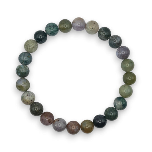 Handmade natural Indian Agate beaded bracelet, 8mm beads on a white background.