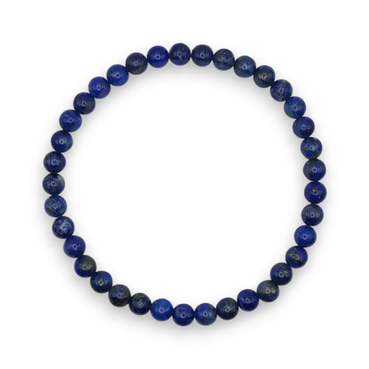 Handmade natural Lapis Lazuli beaded bracelet, 4mm beads on a white background.