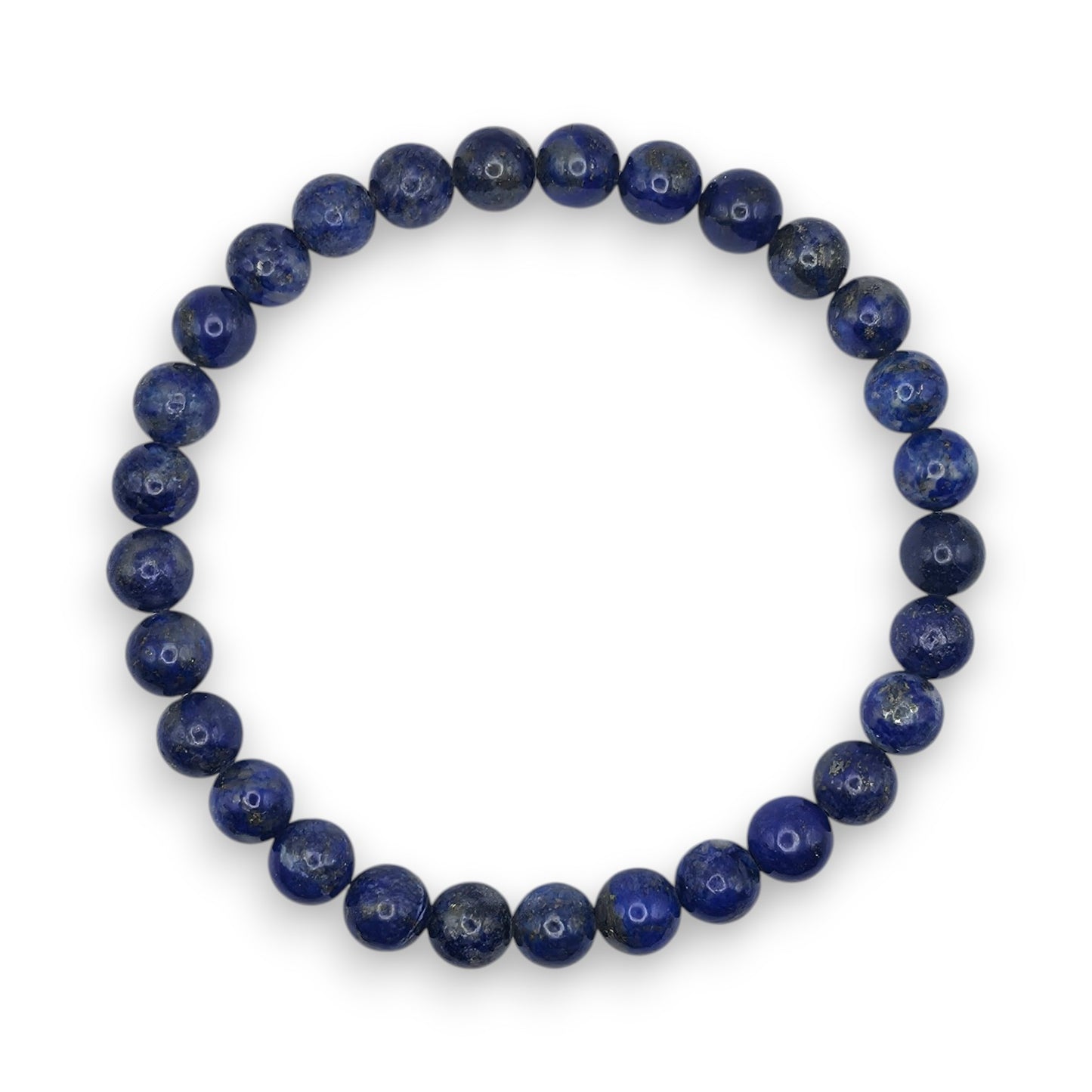 Handmade natural Lapis Lazuli beaded bracelet, 6mm beads on a white background.