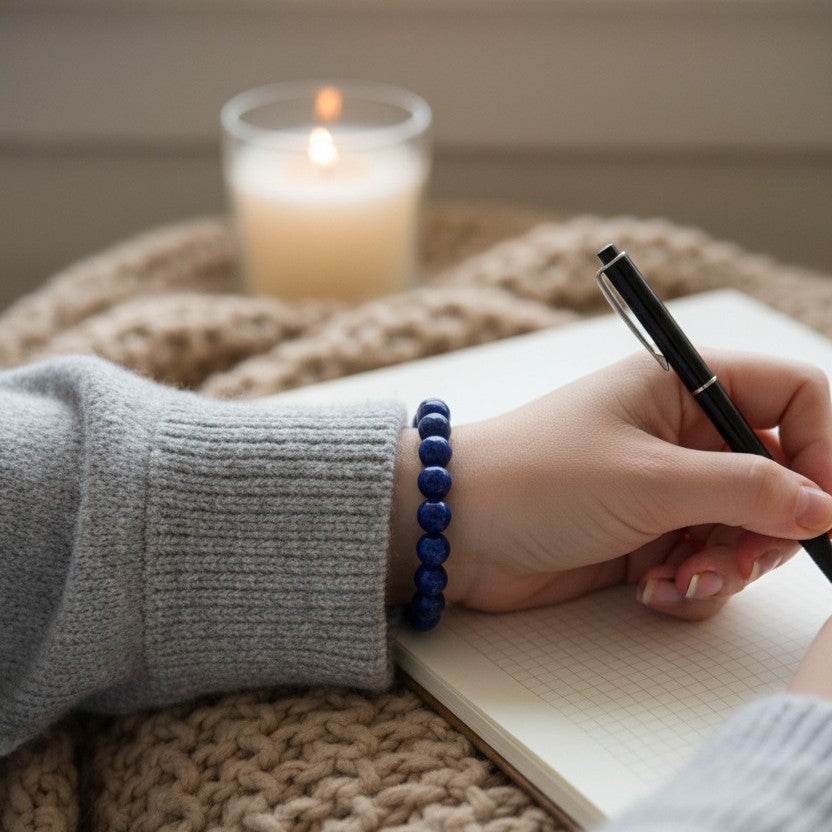 Model wearing handmade natural Lapis Lazuli beaded bracelet, 8mm beads writing in a notebook with a pen. A lit candle sits in the background.