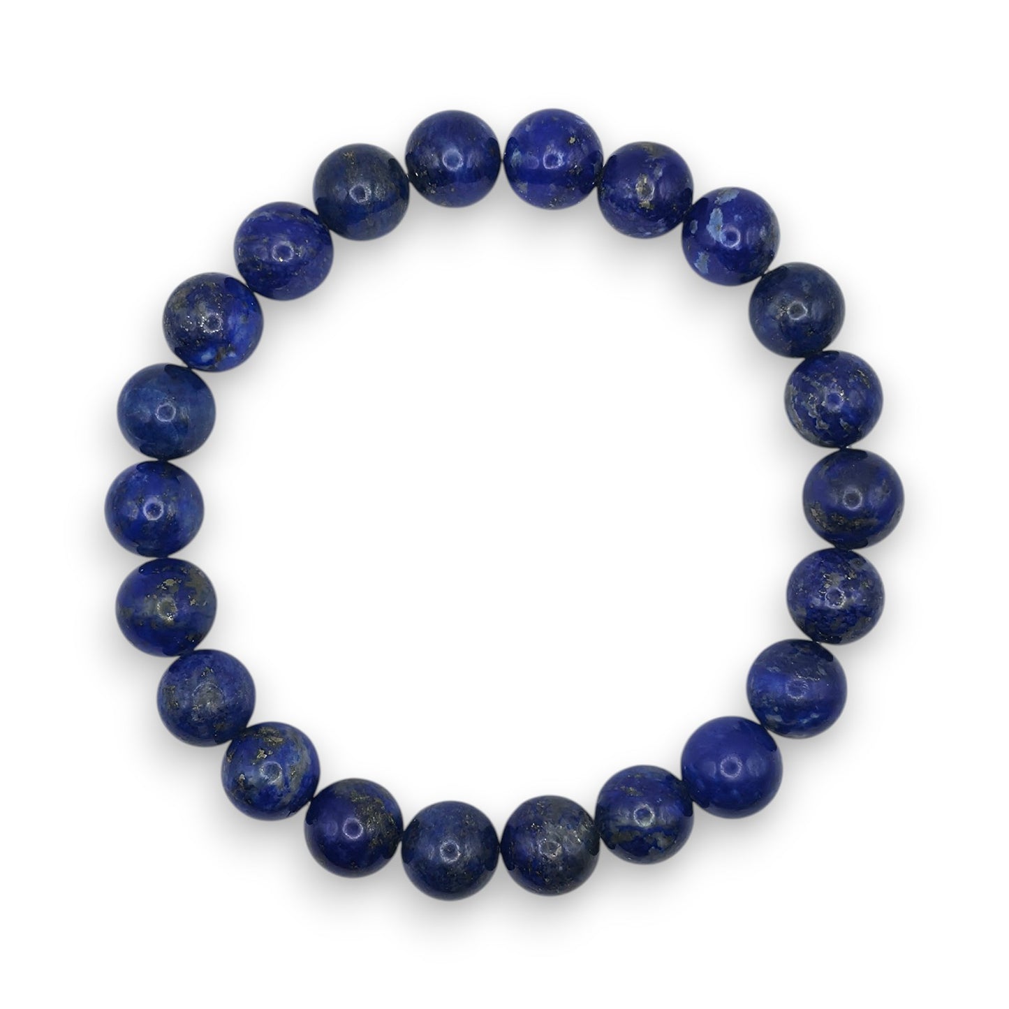 Handmade natural Lapis Lazuli beaded bracelet, 8mm beads on a white background.