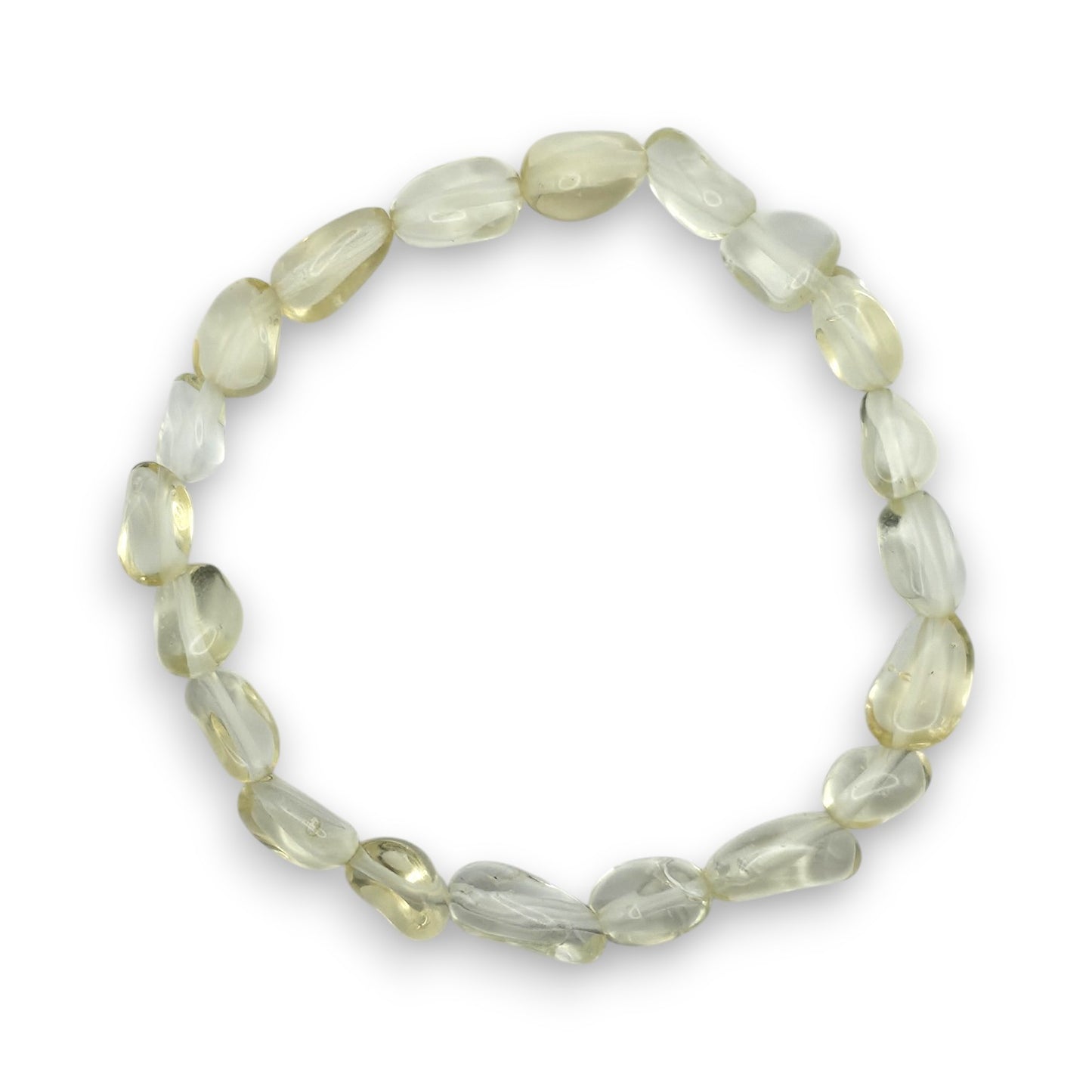 A beaded stretch bracelet made of faceted, irregular pale yellow-green gemstone beads, arranged in a circular shape on a clean white background.