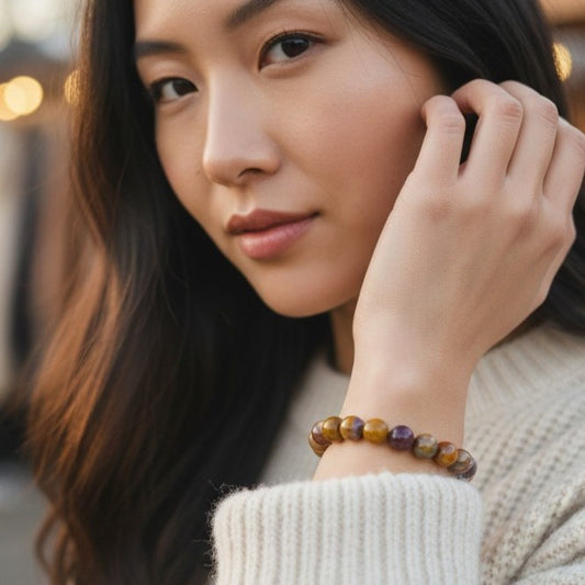 Model wearing handmade natural Mookaite beaded bracelet, 8mm beads