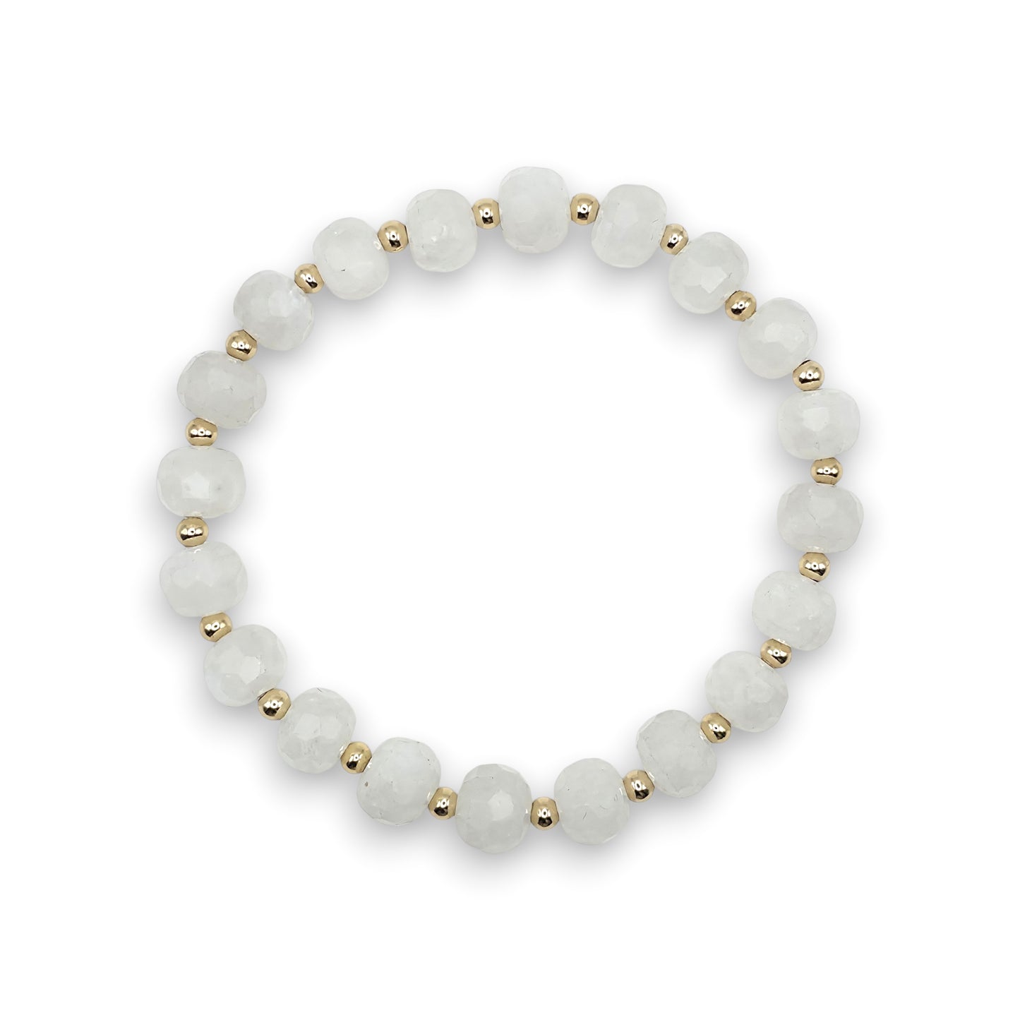 A beaded stretch bracelet featuring faceted, round white Moonstone beads separated by small gold spacer beads, shown against a plain white background.