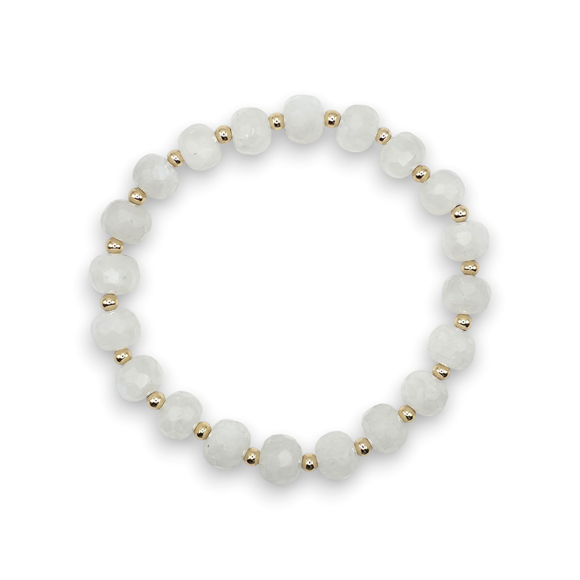 A beaded stretch bracelet featuring faceted, round white Moonstone beads separated by small gold spacer beads, shown against a plain white background.