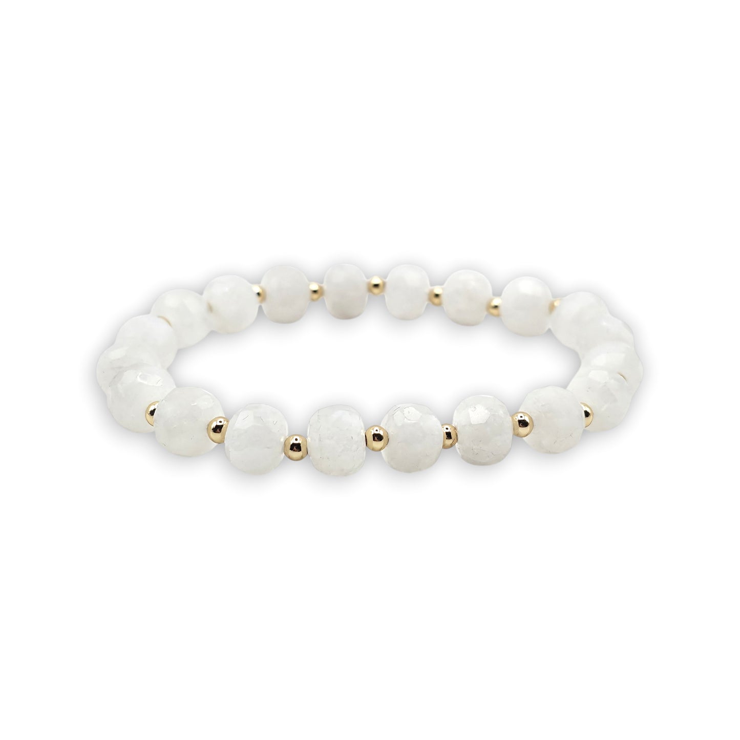 A beaded stretch bracelet featuring faceted, round white Moonstone beads separated by small gold spacer beads, shown against a plain white background.