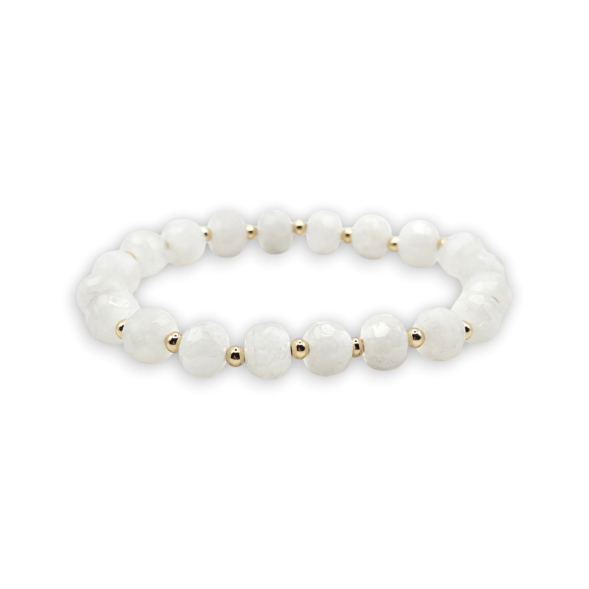 A beaded stretch bracelet featuring faceted, round white Moonstone beads separated by small gold spacer beads, shown against a plain white background.