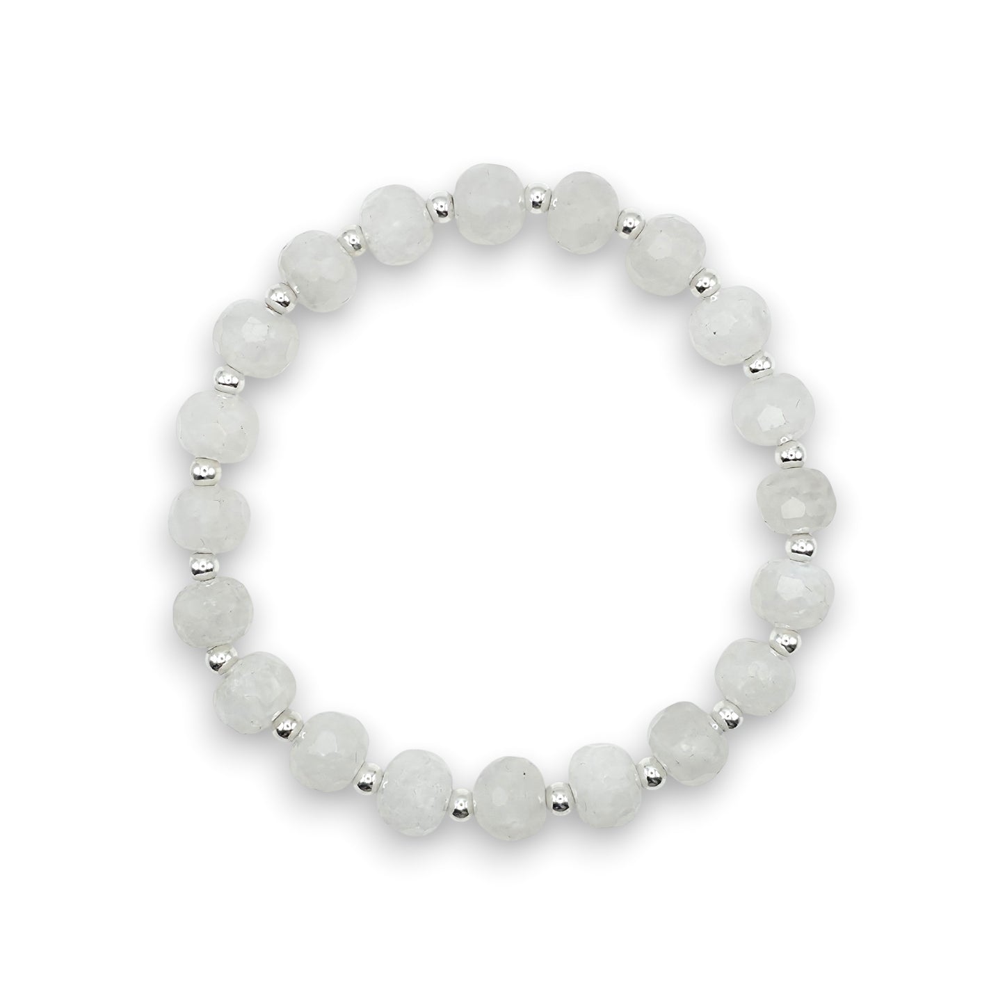A beaded stretch bracelet featuring faceted, round white Moonstone beads separated by small silver spacer beads, shown against a plain white background.