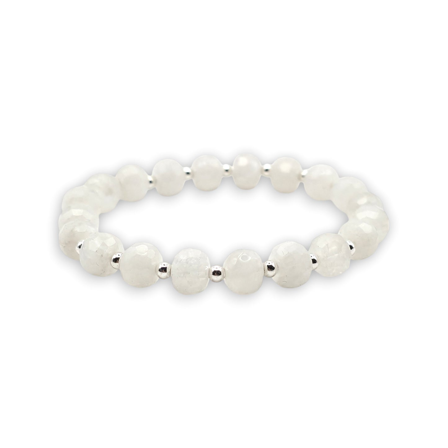 A beaded stretch bracelet featuring faceted, round white Moonstone beads separated by small silver spacer beads, shown against a plain white background.