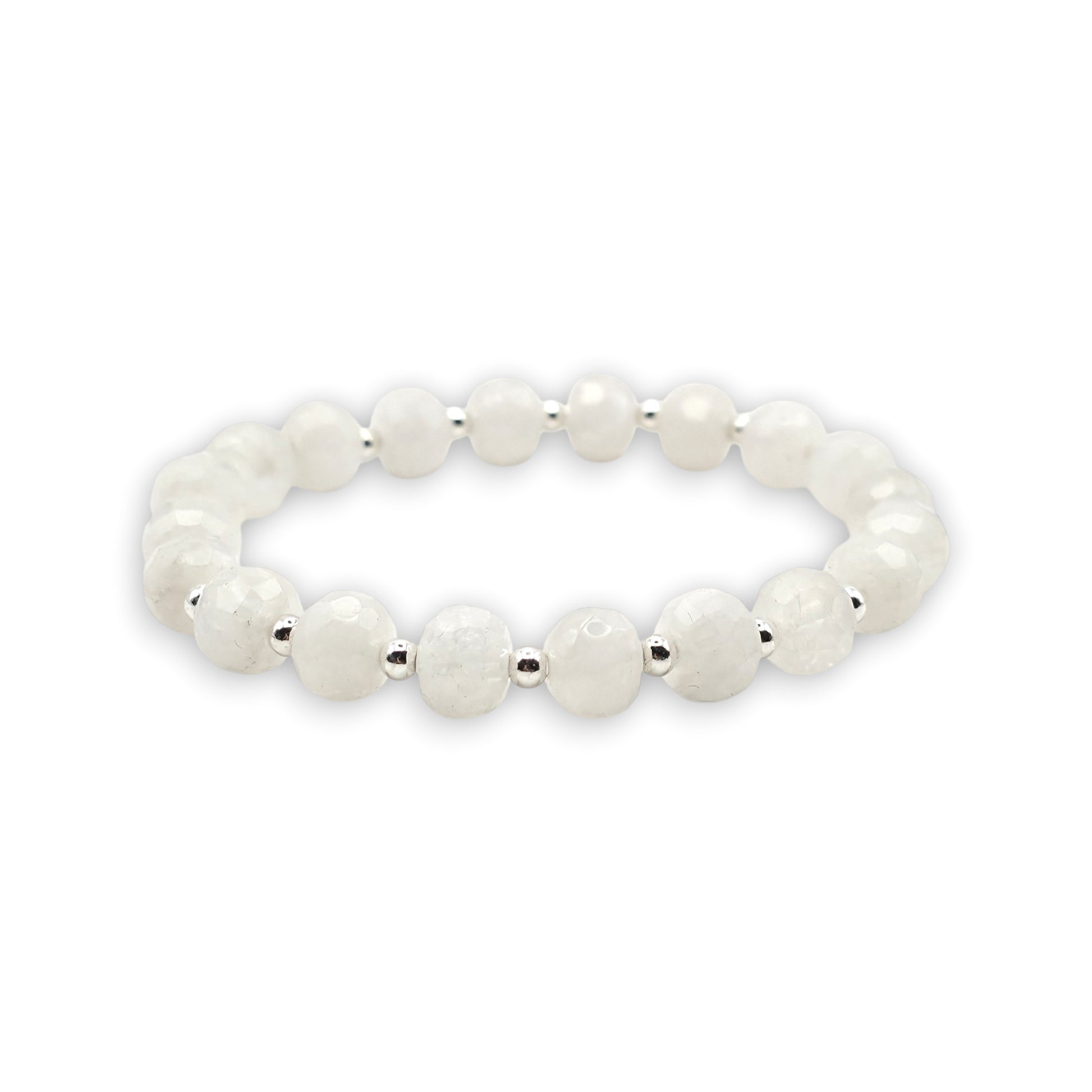 A beaded stretch bracelet featuring faceted, round white Moonstone beads separated by small silver spacer beads, shown against a plain white background.