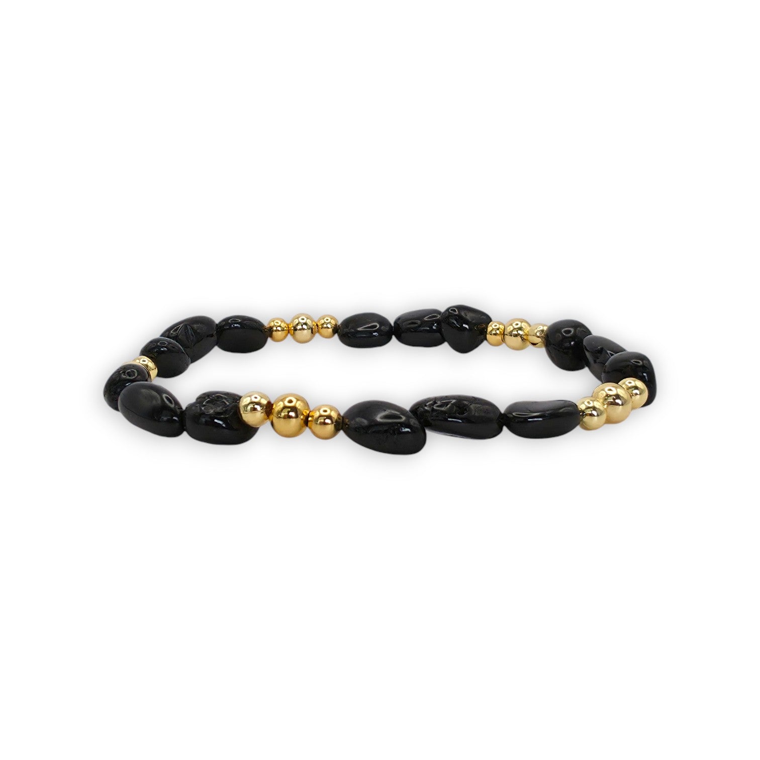 A beaded stretch bracelet featuring Black Onyx beads and polished gold spacer beads, displayed on a clean white background.