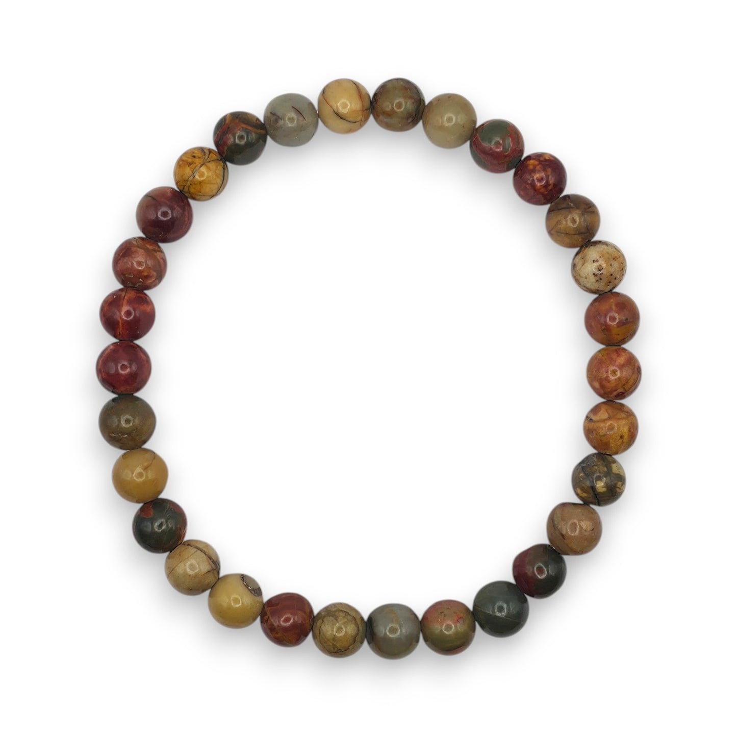 Handmade natural Red Creek Jasper beaded bracelet, 6mm beads on a white background