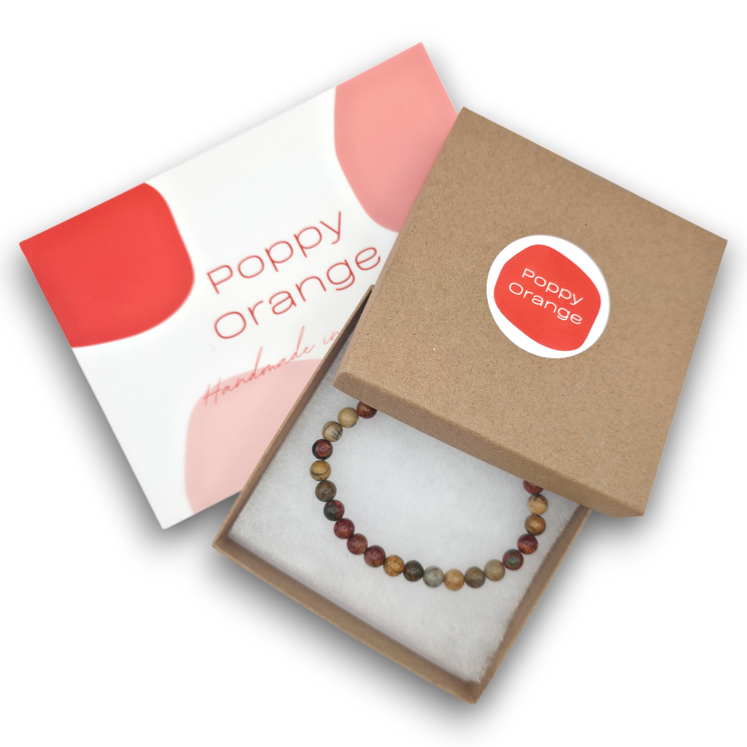 Handmade natural Red Creek Jasper beaded bracelet in packaging box with a card that reads 'Poppy Orange handmade'.
