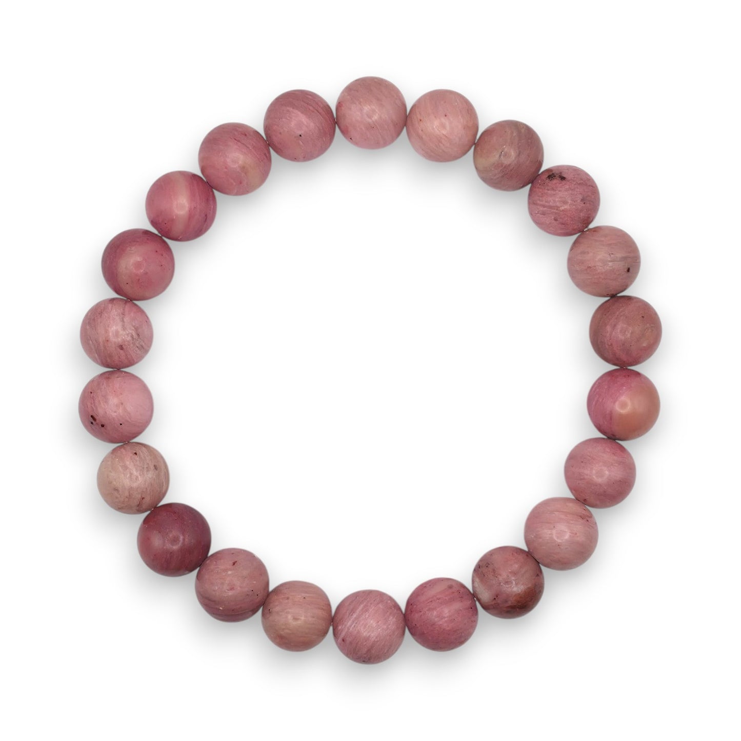Handmade natural Rhodonite beaded bracelet, 8mm beads on a white background.