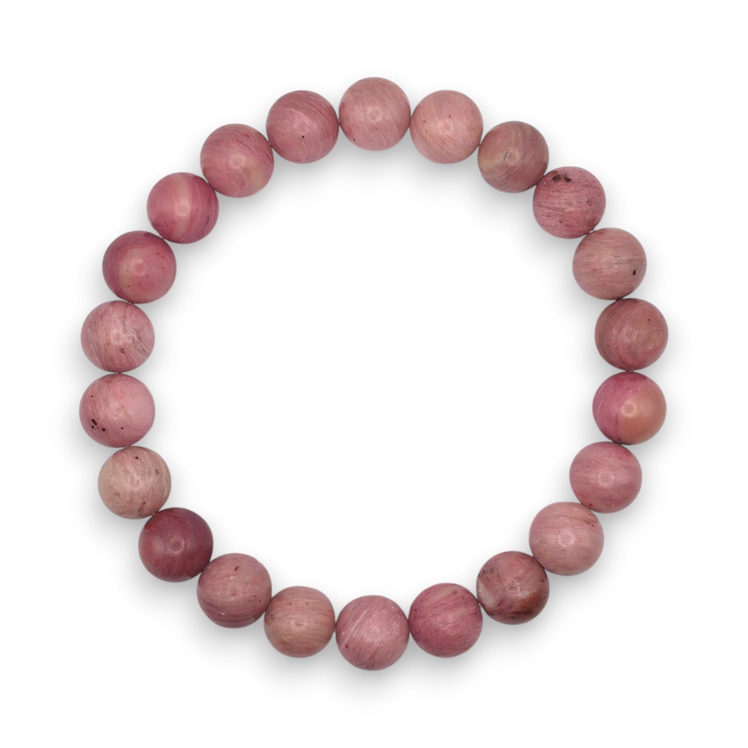 Handmade natural Rhodonite beaded bracelet, 8mm beads on a white background.