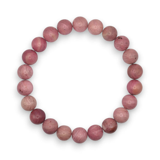 Handmade natural Rhodonite beaded bracelet, 8mm beads on a white background.